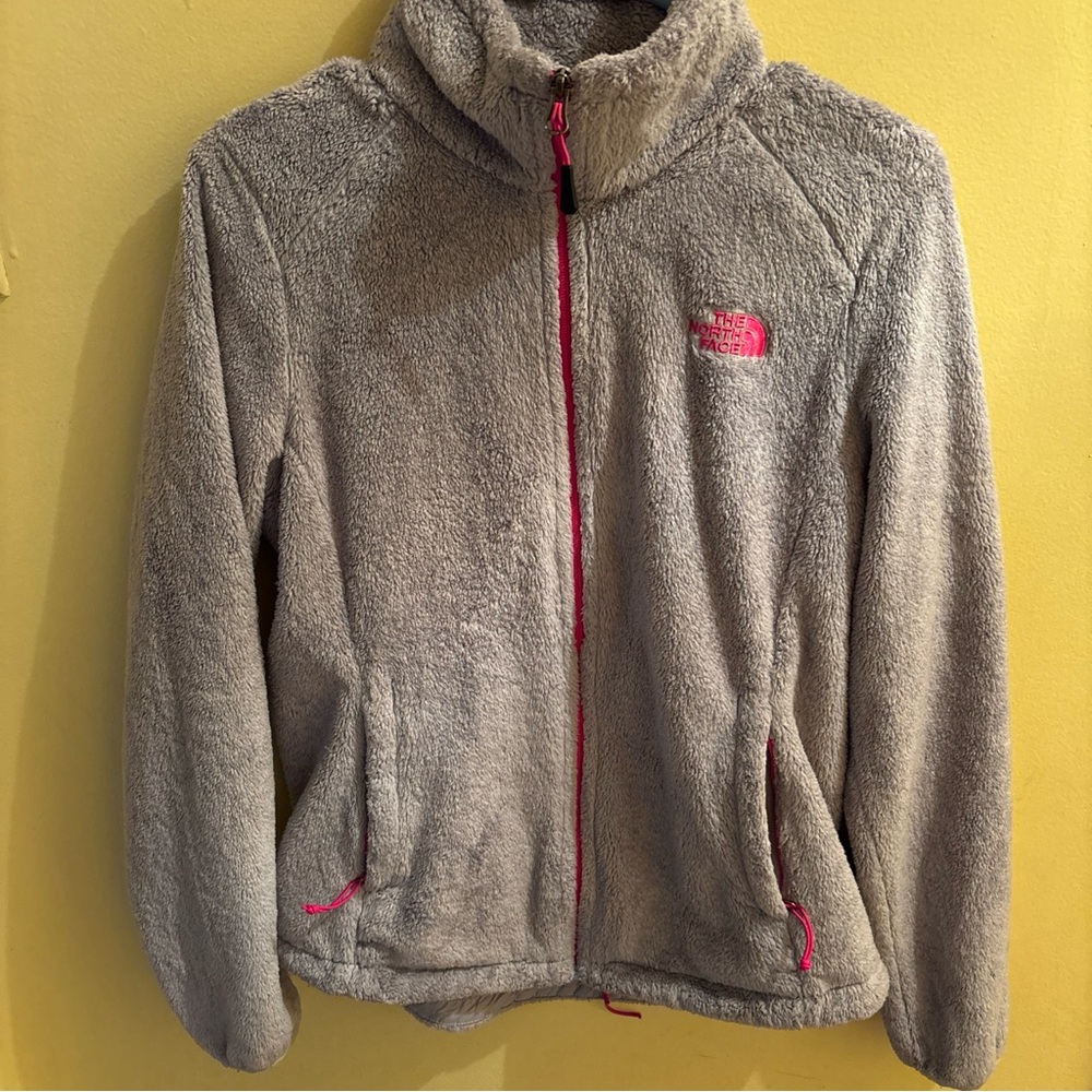 The North Face Light Gray Fleece Jacket with Bright Pink Details Size M.